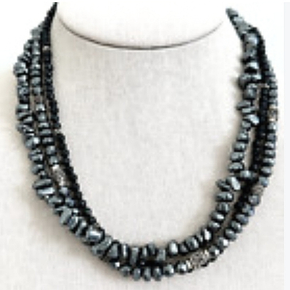 Black Onyx Hematite Sterling 3 Strand Necklace